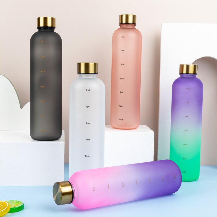 Reusable Leakproof BPA Free 1L Motivational Frosted Sports Water Bottle Portable Plastic 1 Litre Bottles With Time Marker