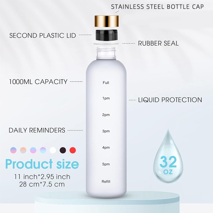 Reusable Leakproof BPA Free 1L Motivational Frosted Sports Water Bottle Portable Plastic 1 Litre Bottles With Time Marker