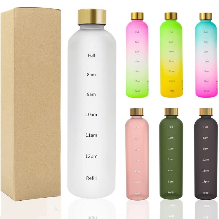 Reusable Leakproof BPA Free 1L Motivational Frosted Sports Water Bottle Portable Plastic 1 Litre Bottles With Time Marker