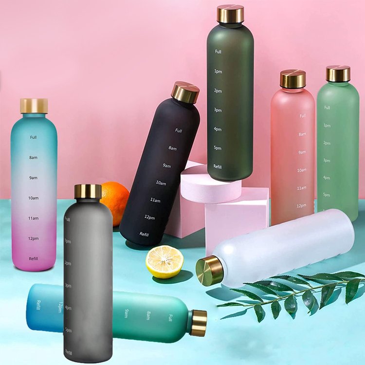 Reusable Leakproof BPA Free 1L Motivational Frosted Sports Water Bottle Portable Plastic 1 Litre Bottles With Time Marker