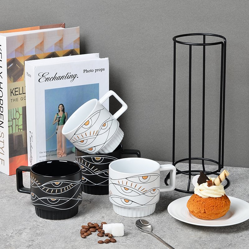 Ceramic Manufacturer New Eye Design Custom Logo Creative Stacking Coffee Mugs Cup Set Of 4