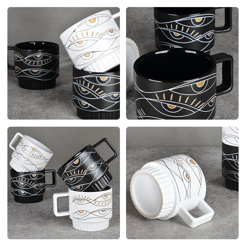 Ceramic Manufacturer New Eye Design Custom Logo Creative Stacking Coffee Mugs Cup Set Of 4