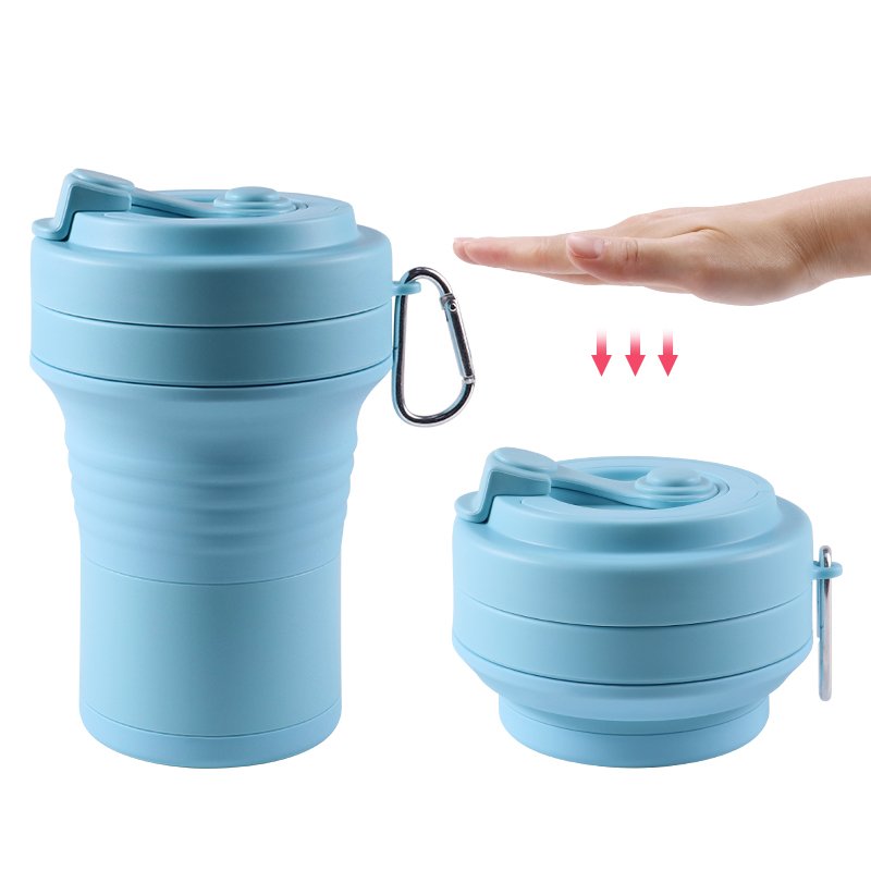 Custom 20oz Portable Eco Friendly Reusable Folding Cup Silicone Collapsible Drinking Water Cup Coffee Mug With Lid and Carabiner