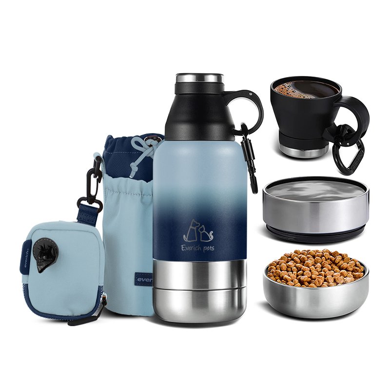 32oz 3 in 1 Outdoor Dog water bottle bowl food and drinking feeder portable Stainless Steel Travel with food container