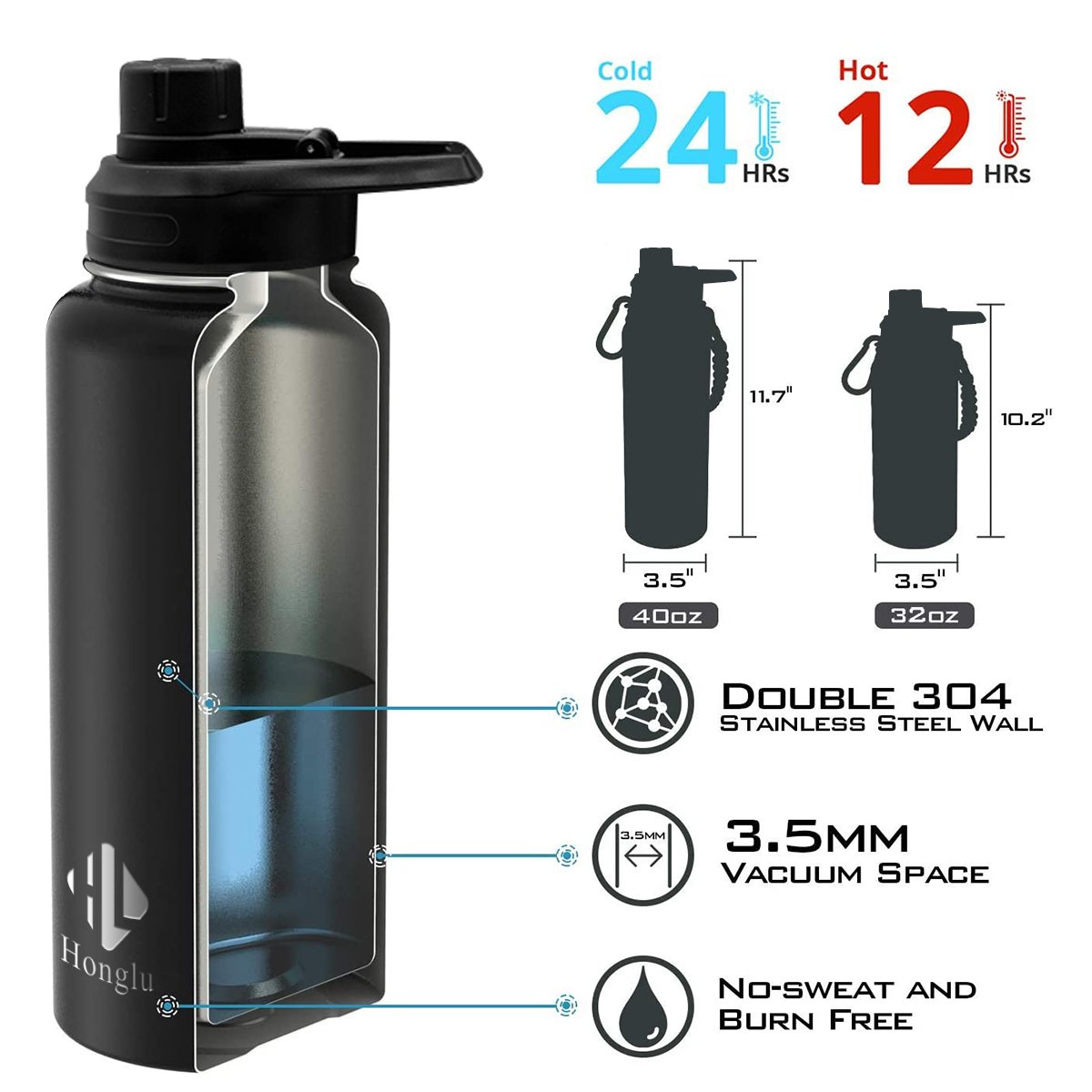 Sports Water Bottle Stainless Steel Flask With Handle Lid Big Capacity 32oz 64oz Outdoor Double Wall