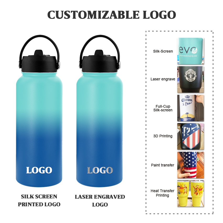 Sports Water Bottle Stainless Steel Flask With Handle Lid Big Capacity 32oz 64oz Outdoor Double Wall