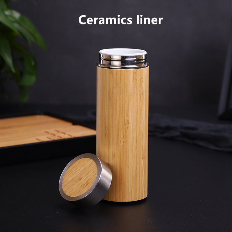 Bamboo vacuum thermos water bottle with stainless steel ceramic and purple sand liner