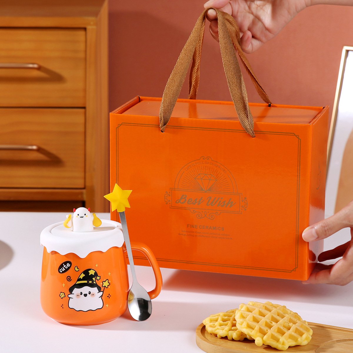 2025 Hot-selling New Funny Ghost Halloween Pumpkin Head Ceramic Mug with Lid Spoon Gift Coffee Cup Set Cartoon Cute Elf Demon