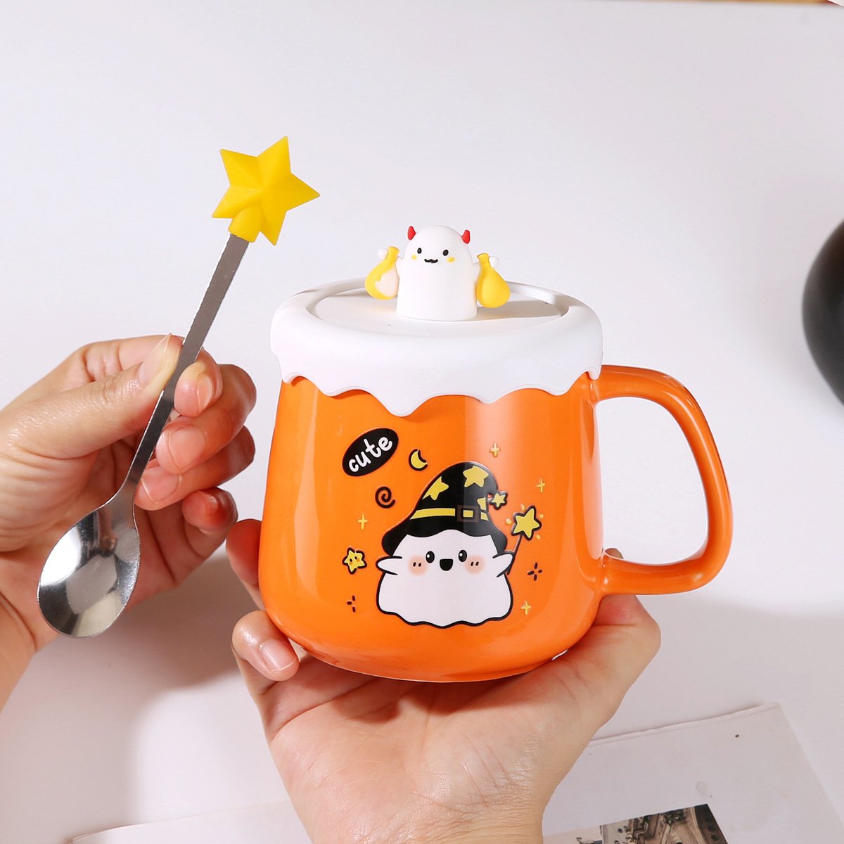 2025 Hot-selling New Funny Ghost Halloween Pumpkin Head Ceramic Mug with Lid Spoon Gift Coffee Cup Set Cartoon Cute Elf Demon