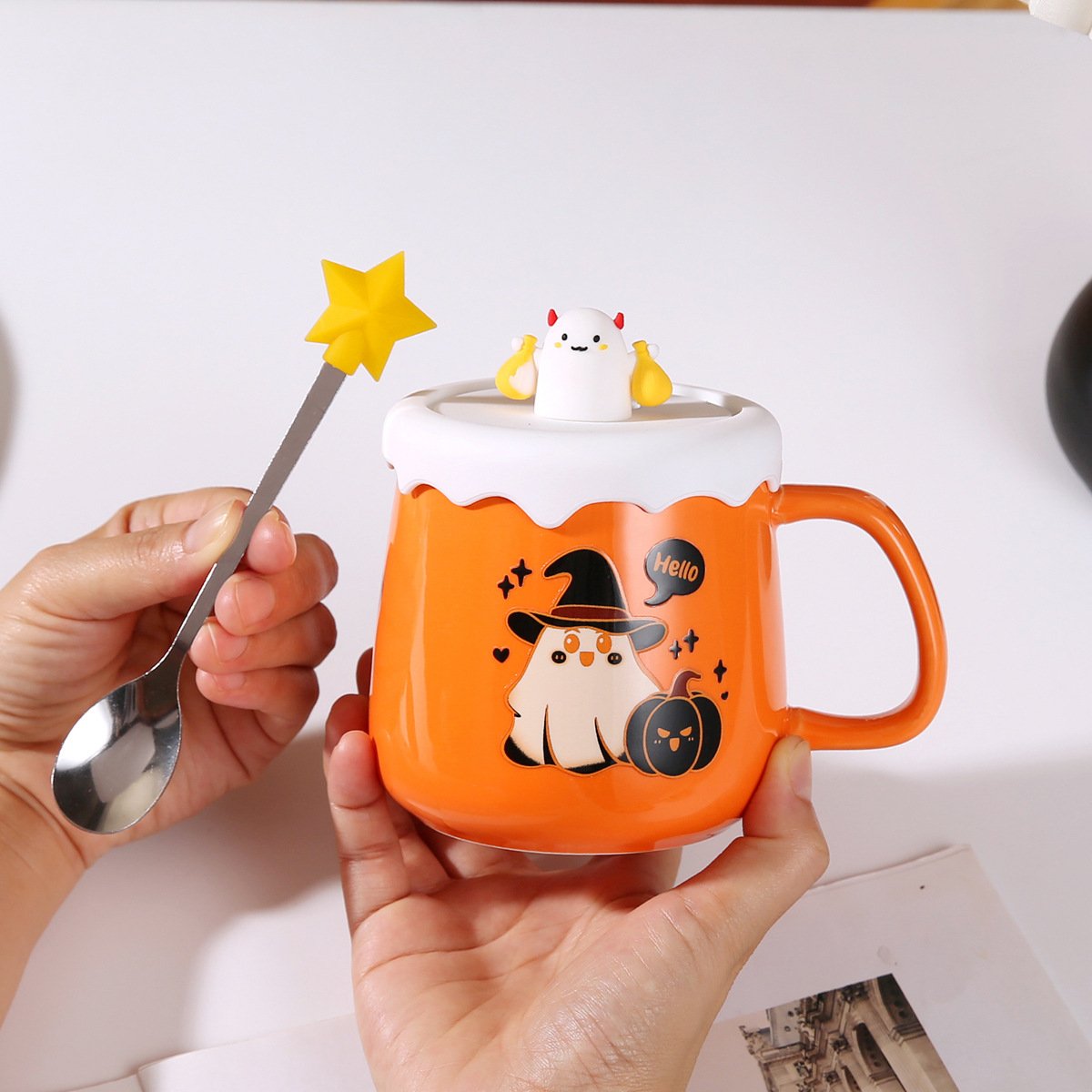 2025 Hot-selling New Funny Ghost Halloween Pumpkin Head Ceramic Mug with Lid Spoon Gift Coffee Cup Set Cartoon Cute Elf Demon