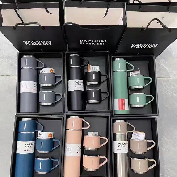 With 3 Lids Business 500ml Gift Box Set Portable Thermos Cup Set Stainless Steel Thermos Cup Travel Vacuum Flask Gift Set