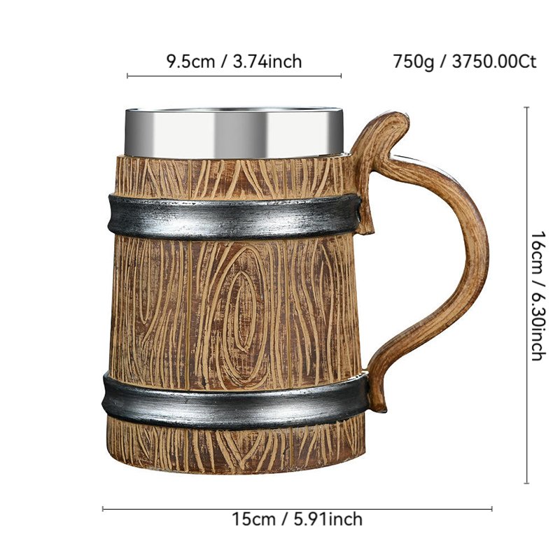 2025 New Wooden Barrel Beer Mug Huaqi MCA21 Medieval 600ml Stainless Steel Resin Beer Cup Retro Wine Cup