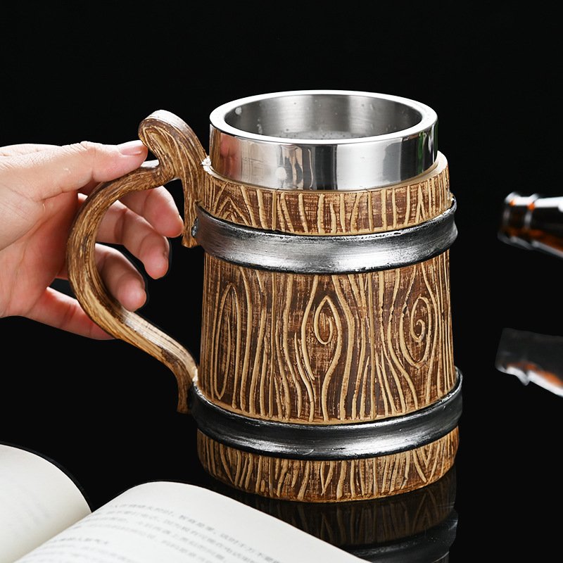2025 New Wooden Barrel Beer Mug Huaqi MCA21 Medieval 600ml Stainless Steel Resin Beer Cup Retro Wine Cup