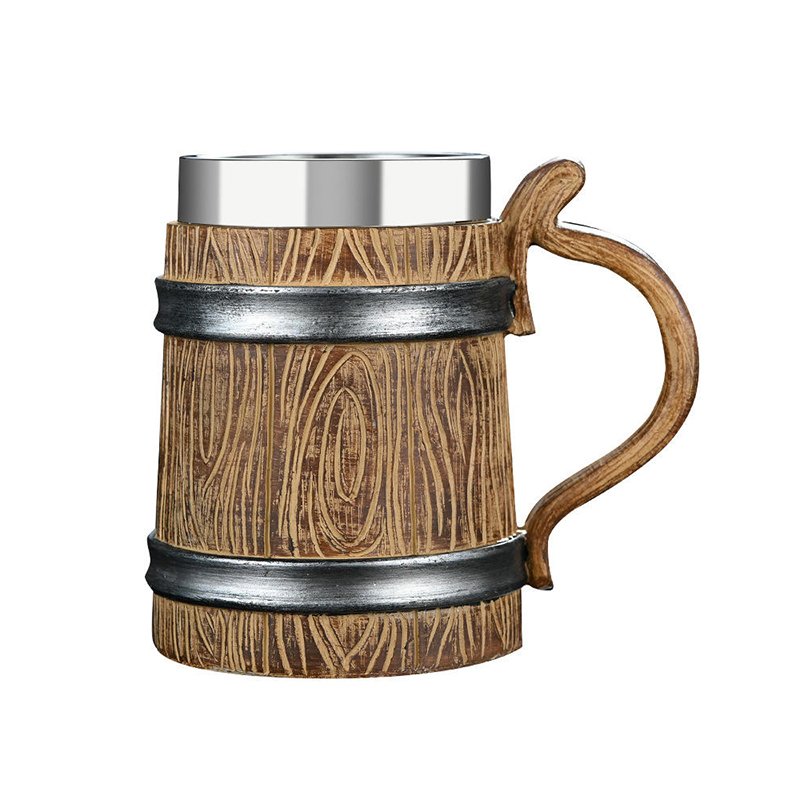 2025 New Wooden Barrel Beer Mug Huaqi MCA21 Medieval 600ml Stainless Steel Resin Beer Cup Retro Wine Cup