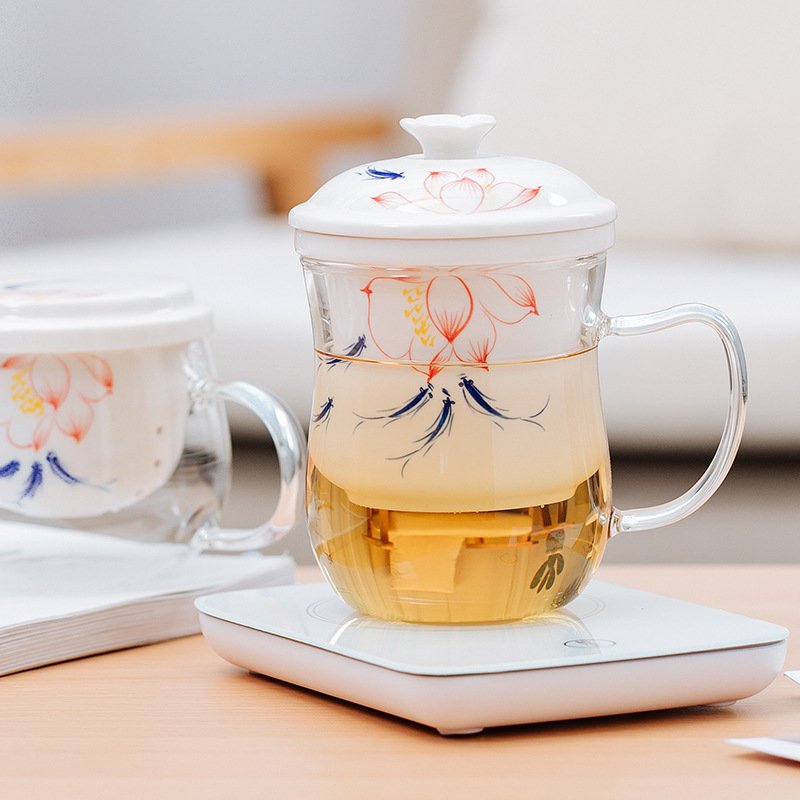 High Borosilicate Glass Coffee Mug with Chinese Style Ceramic Infuser Tea Cup with Lid to Preserve heat Suitable for Gifts