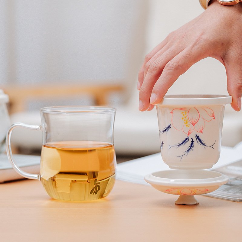 High Borosilicate Glass Coffee Mug with Chinese Style Ceramic Infuser Tea Cup with Lid to Preserve heat Suitable for Gifts