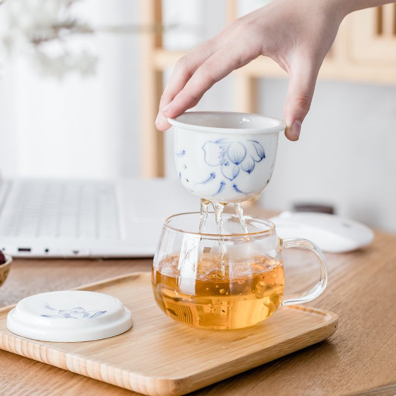 High Borosilicate Glass Coffee Mug with Chinese Style Ceramic Infuser Tea Cup with Lid to Preserve heat Suitable for Gifts