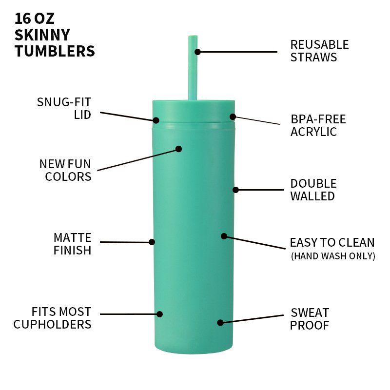 Custom Logo 16oz Skinny Double Wall Matte Tumbler Bottle Wholesale reusable Acrylic Tumblers with Lids and Straws