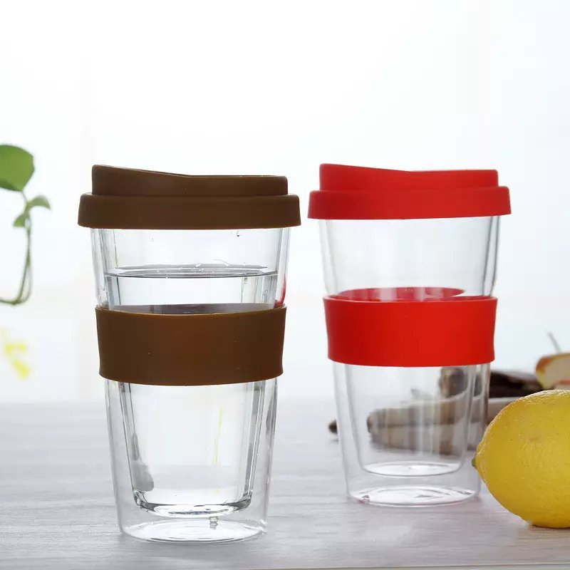 Glass Double Wall Tumbler Mug with Silicone Sealed Lid and Sleeve High Borosilicate Glass Portable cup for Coffee or Boba