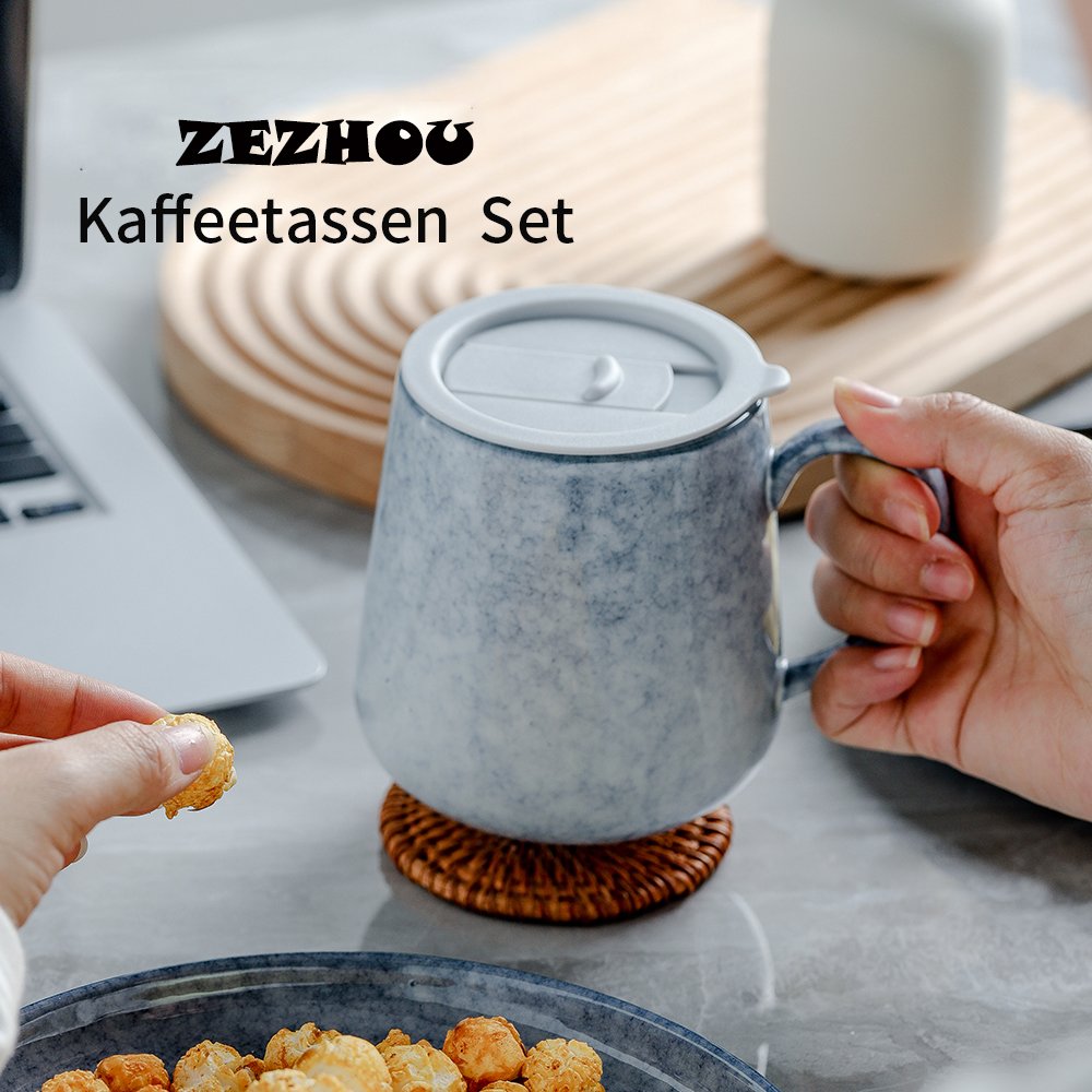 Factory On Sale Ceramic Dusty Blue Coffee Mug With Splash Proof Lid Well Sealed Silicon Ring