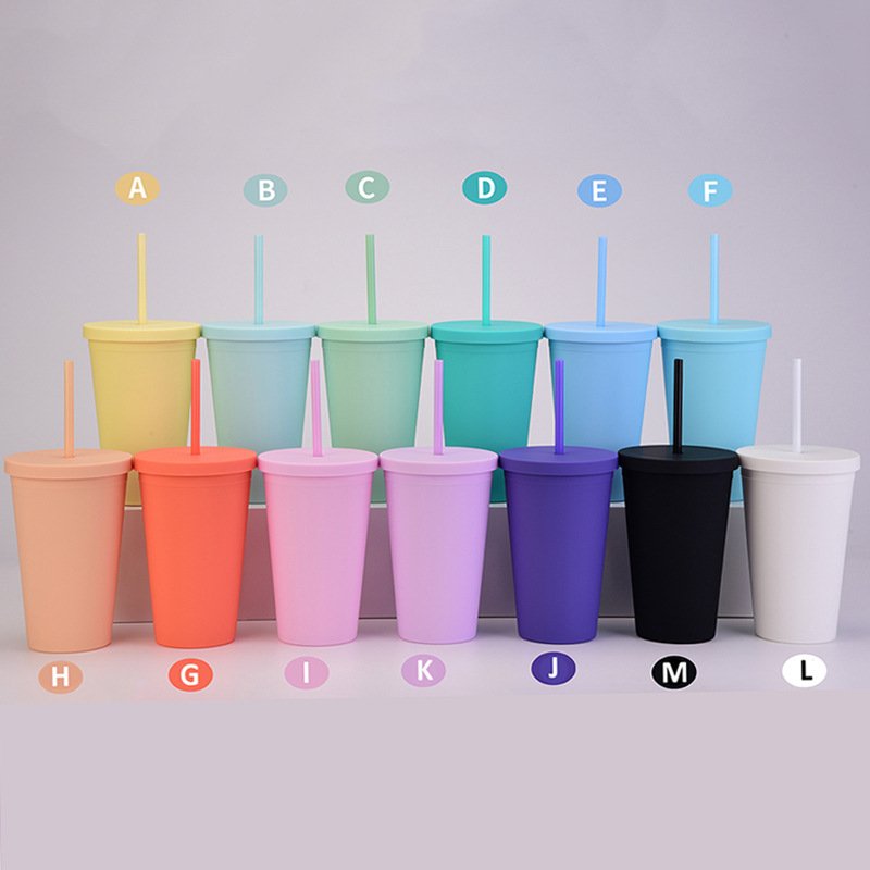 2023 Hot Seller 16OZ customized Double wall reusable Matte Plastic Coffee frosted Bulk tumblers Cup with lids and straws