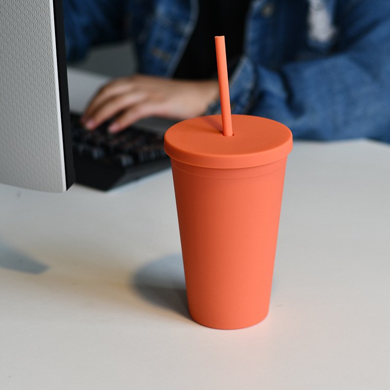 2023 Hot Seller 16OZ customized Double wall reusable Matte Plastic Coffee frosted Bulk tumblers Cup with lids and straws