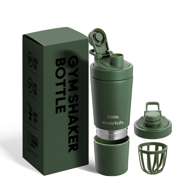 Custom Logo Powder Coated Vacuum Insulated Stainless Steel Gym Vacuum Flask Water Bottle Protein Shaker With Mixer