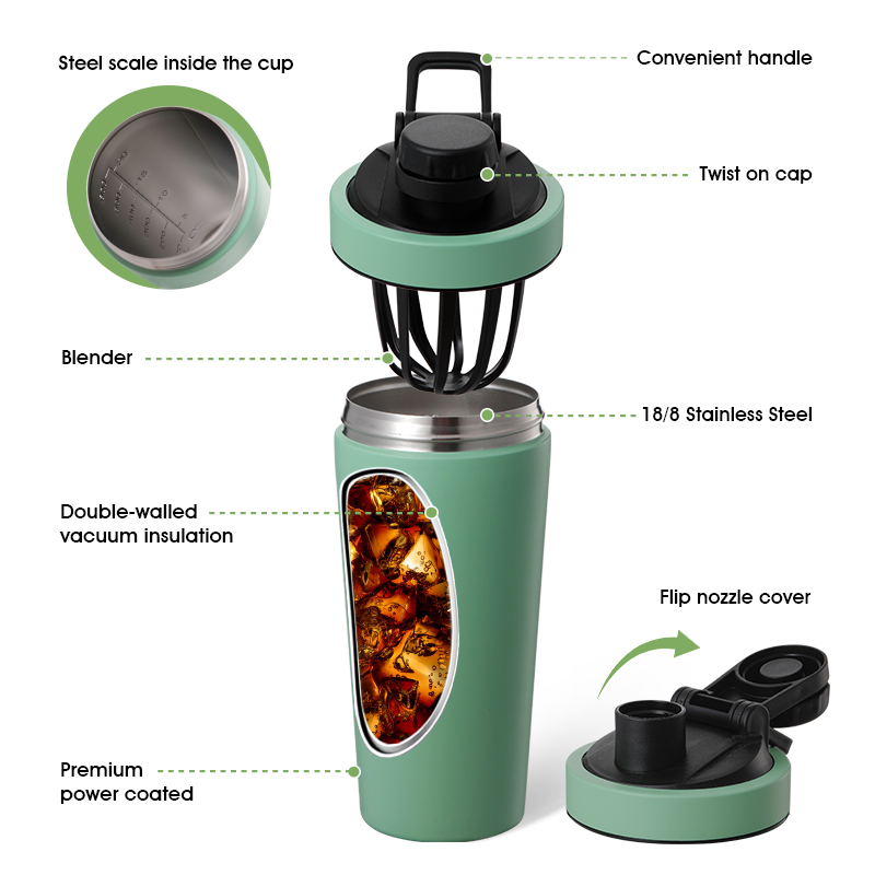 Custom Logo Powder Coated Vacuum Insulated Stainless Steel Gym Vacuum Flask Water Bottle Protein Shaker With Mixer