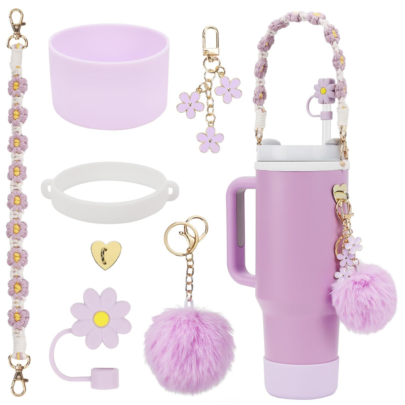 32 Colors 7 pcs A Set Tumbler Accessories Woven Flower Handle Straps Silicone Water Bottle Boots Daisy Toppers for 40oz Tumbler