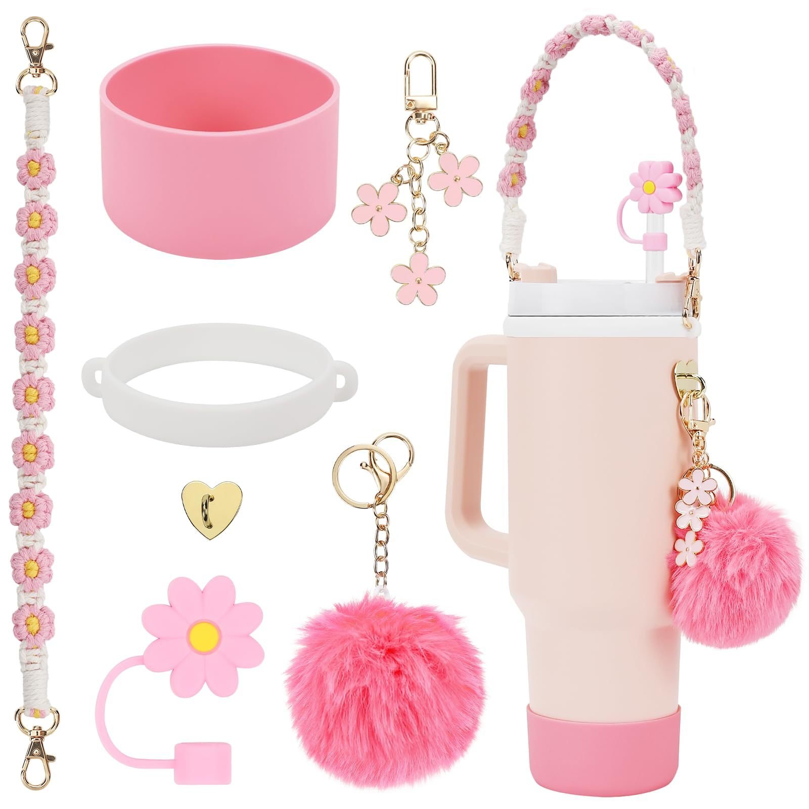 32 Colors 7 pcs A Set Tumbler Accessories Woven Flower Handle Straps Silicone Water Bottle Boots Daisy Toppers for 40oz Tumbler