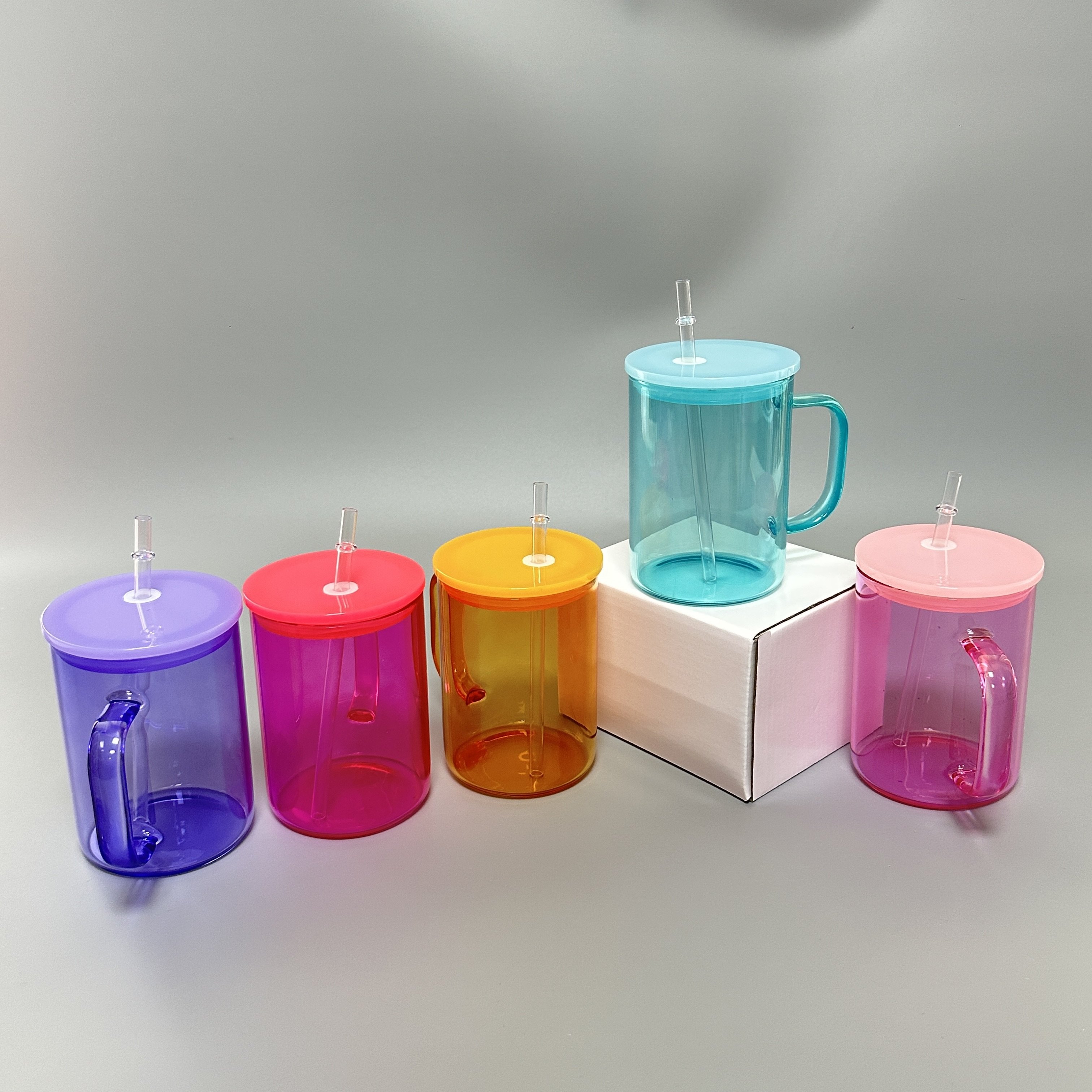 US warehouse blank sublimation 17oz jelly color clear glass mug 15oz transparent candy glass cups with colorful plastic lid