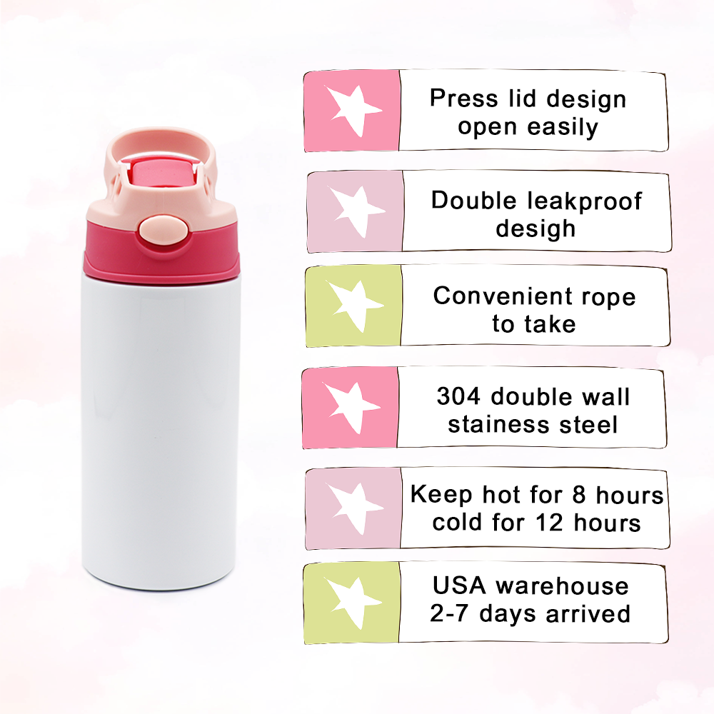 US warehouse sublimation kids tumblers 12oz straight sippy cup stainless steel insulated water bottles kids sublimation cups