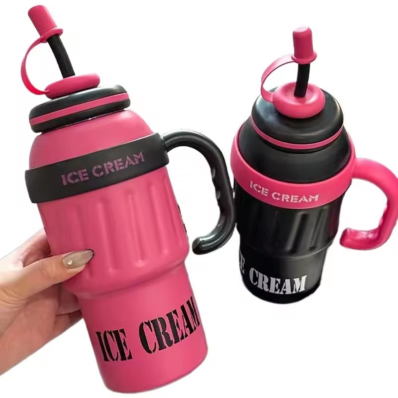 Stainless Steel Vacuum Flask Double Wall Water Bottles Ice Cream Shaped 40OZ Tumbler Mug with Straw and Handle And Straw