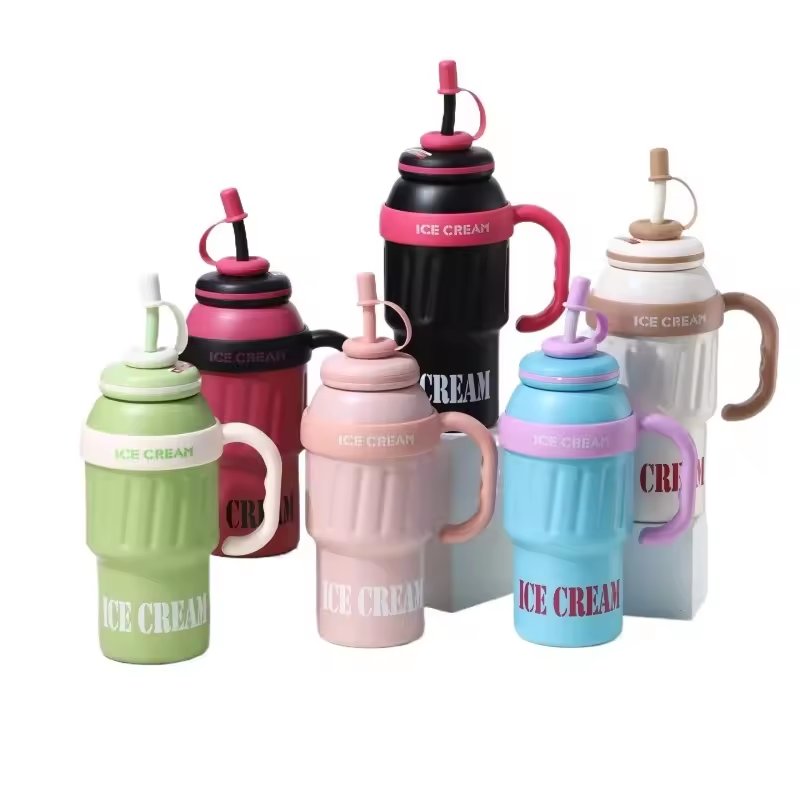 Stainless Steel Vacuum Flask Double Wall Water Bottles Ice Cream Shaped 40OZ Tumbler Mug with Straw and Handle And Straw