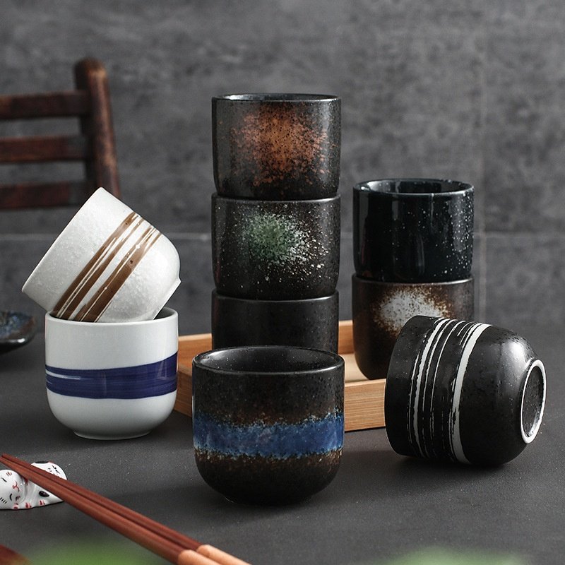 200ML Crude Pottery Retro Japanese Ceramic Coffee Cup, Matcha Sake Cups Engraving LOGO Espresso Ceramic Mug
