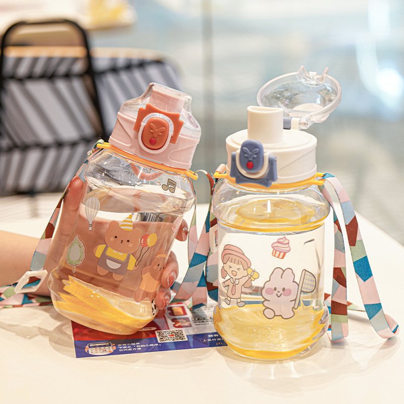 2024 New Children Bottle Children'S Carrying Strap Straight Drinking One Button Snap Bottle Cute Cartoon Water Bottle