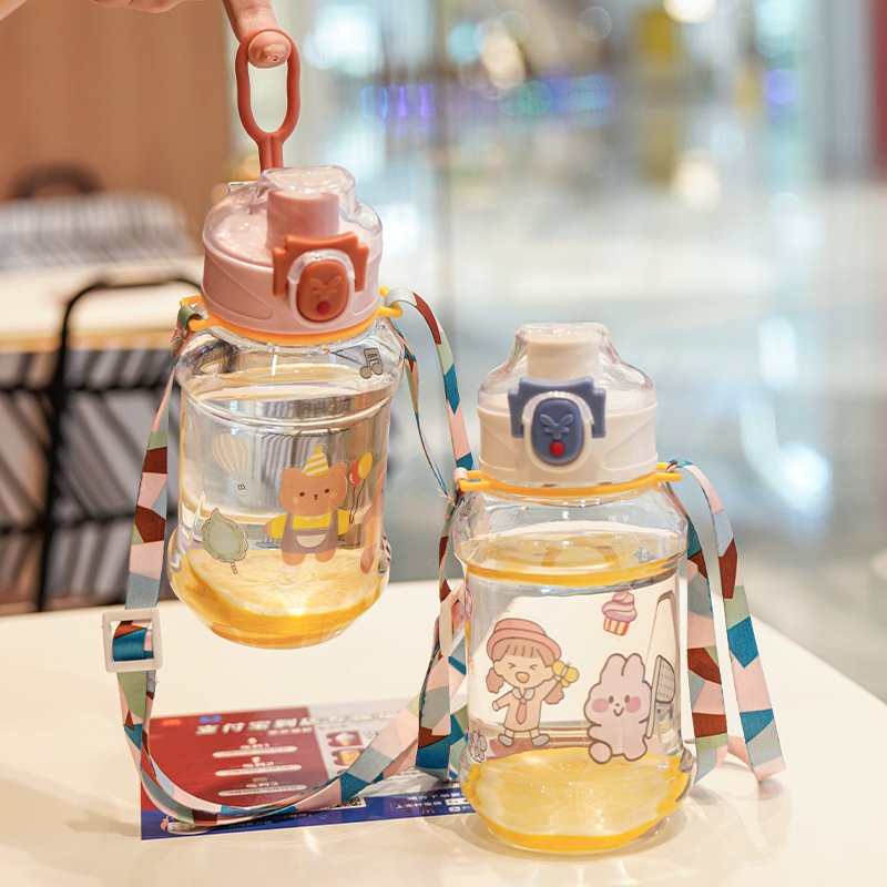 2024 New Children Bottle Children'S Carrying Strap Straight Drinking One Button Snap Bottle Cute Cartoon Water Bottle