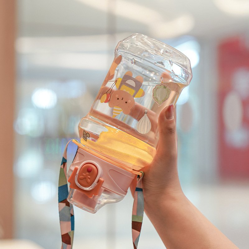 2024 New Children Bottle Children'S Carrying Strap Straight Drinking One Button Snap Bottle Cute Cartoon Water Bottle