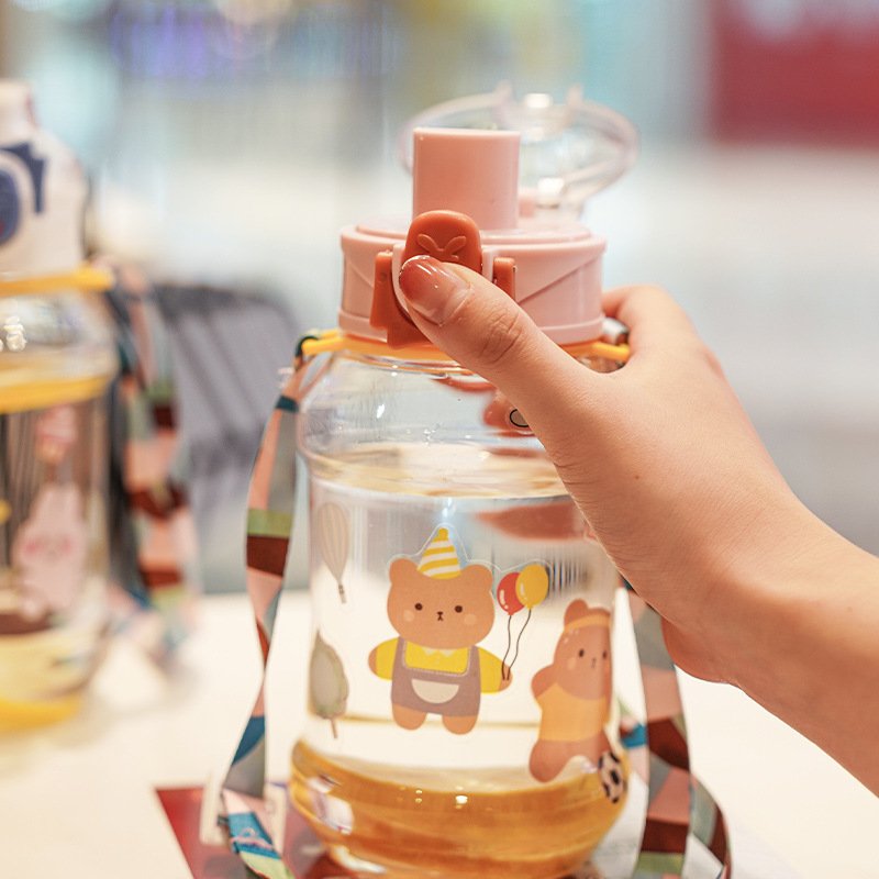 2024 New Children Bottle Children'S Carrying Strap Straight Drinking One Button Snap Bottle Cute Cartoon Water Bottle