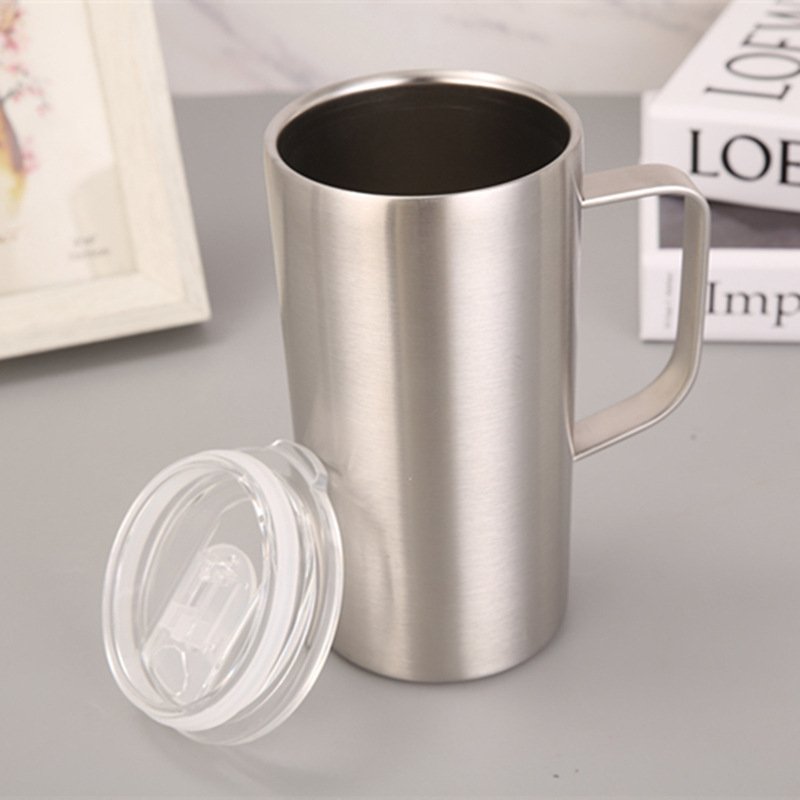 16oz Double Wall Insulated Vacuum Beer Mug Stainless Steel Water Bottle With Handle Lid