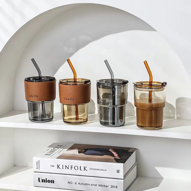 Custom Logo Glass Milk Travel Coffee Cup Mug With Straw Heat-Resistant Tea Amber Water Bottle Tumbler With Leather Sleeve Gift