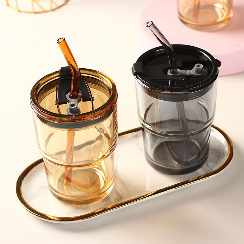 Custom Logo Glass Milk Travel Coffee Cup Mug With Straw Heat-Resistant Tea Amber Water Bottle Tumbler With Leather Sleeve Gift