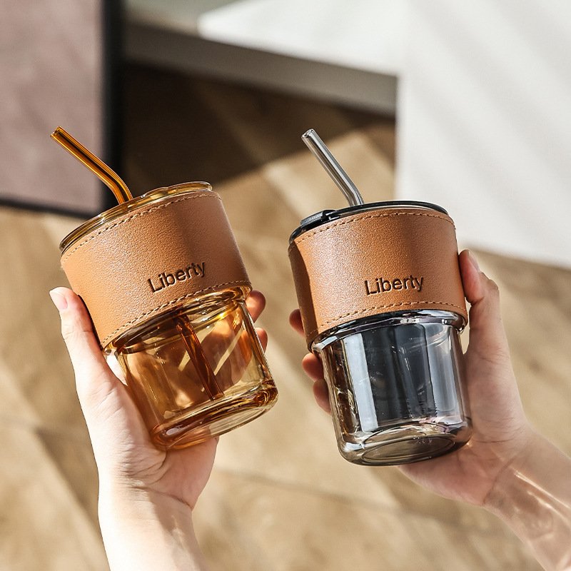 Custom Logo Glass Milk Travel Coffee Cup Mug With Straw Heat-Resistant Tea Amber Water Bottle Tumbler With Leather Sleeve Gift