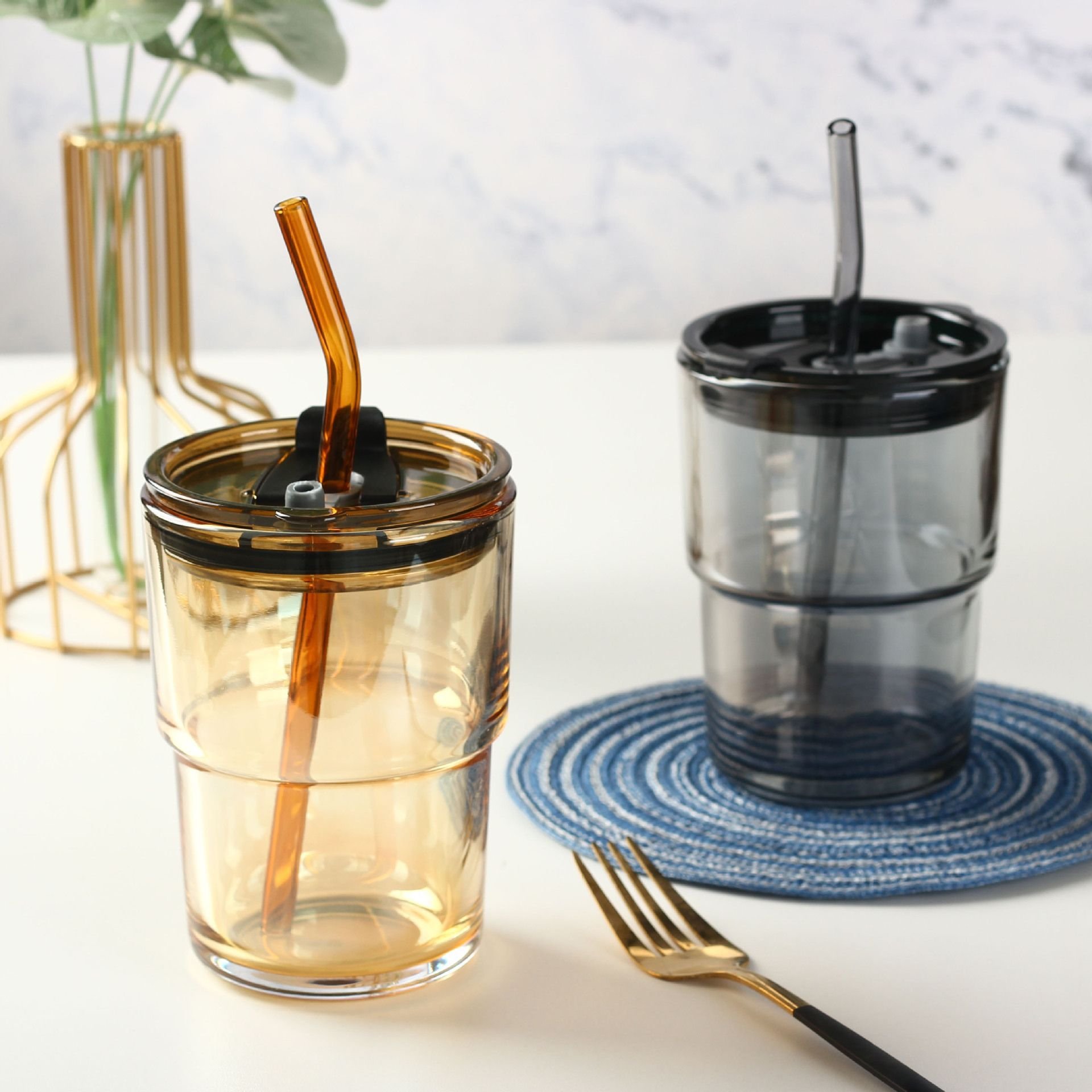 Custom Logo Glass Milk Travel Coffee Cup Mug With Straw Heat-Resistant Tea Amber Water Bottle Tumbler With Leather Sleeve Gift