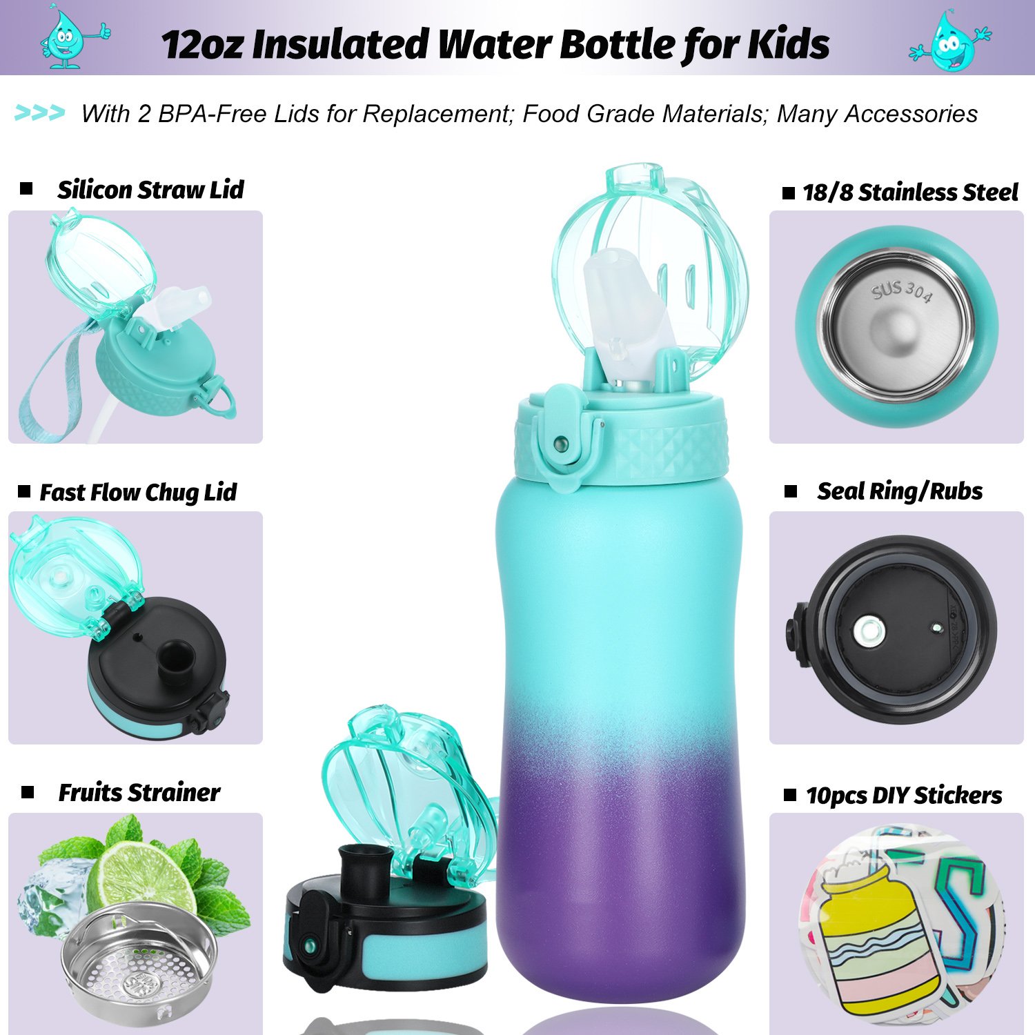 350ml BPA-Free Kids Double Wall Insulated Tumbler With Lid Sports Stainless Steel Portable Drinking Water Bottle For School