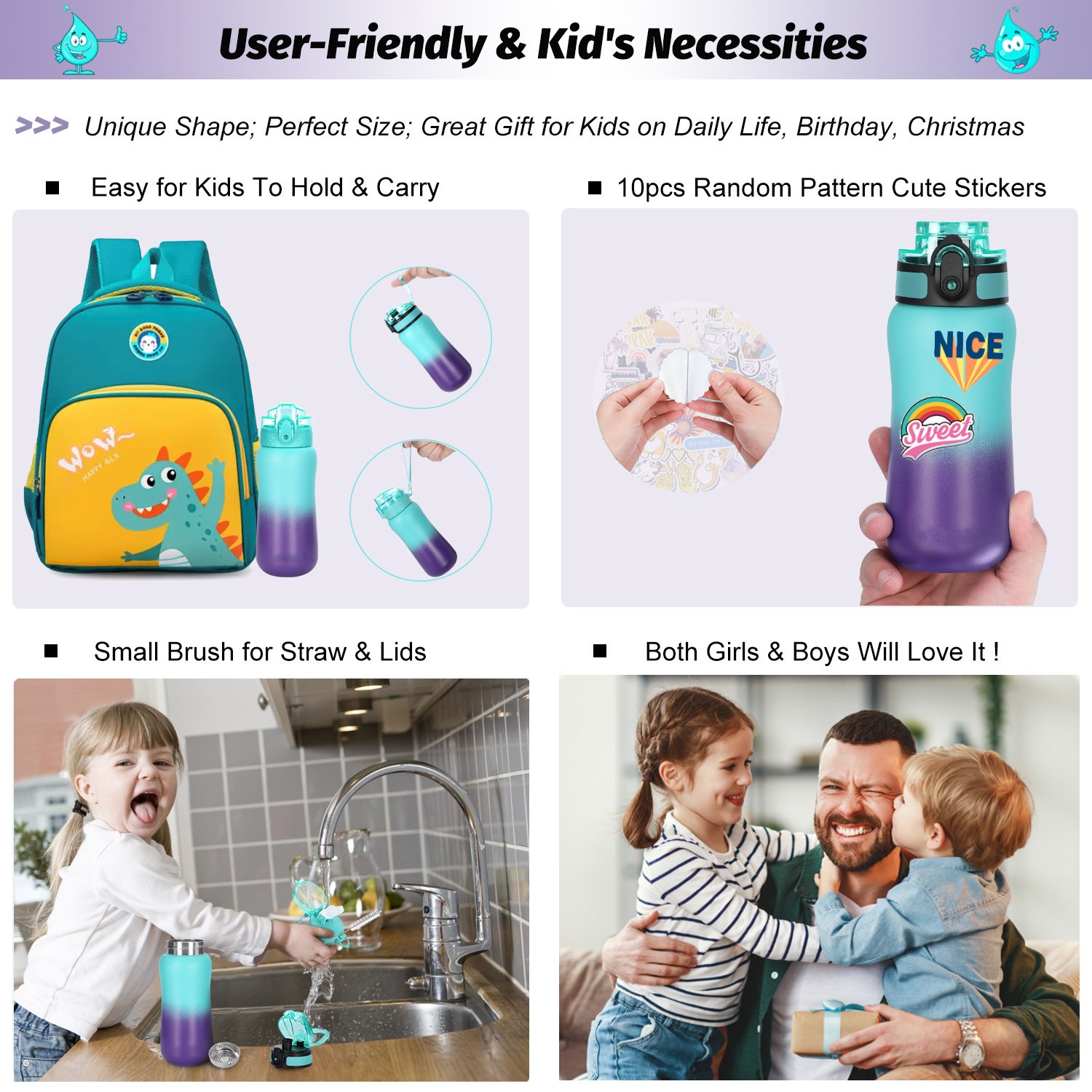 350ml BPA-Free Kids Double Wall Insulated Tumbler With Lid Sports Stainless Steel Portable Drinking Water Bottle For School