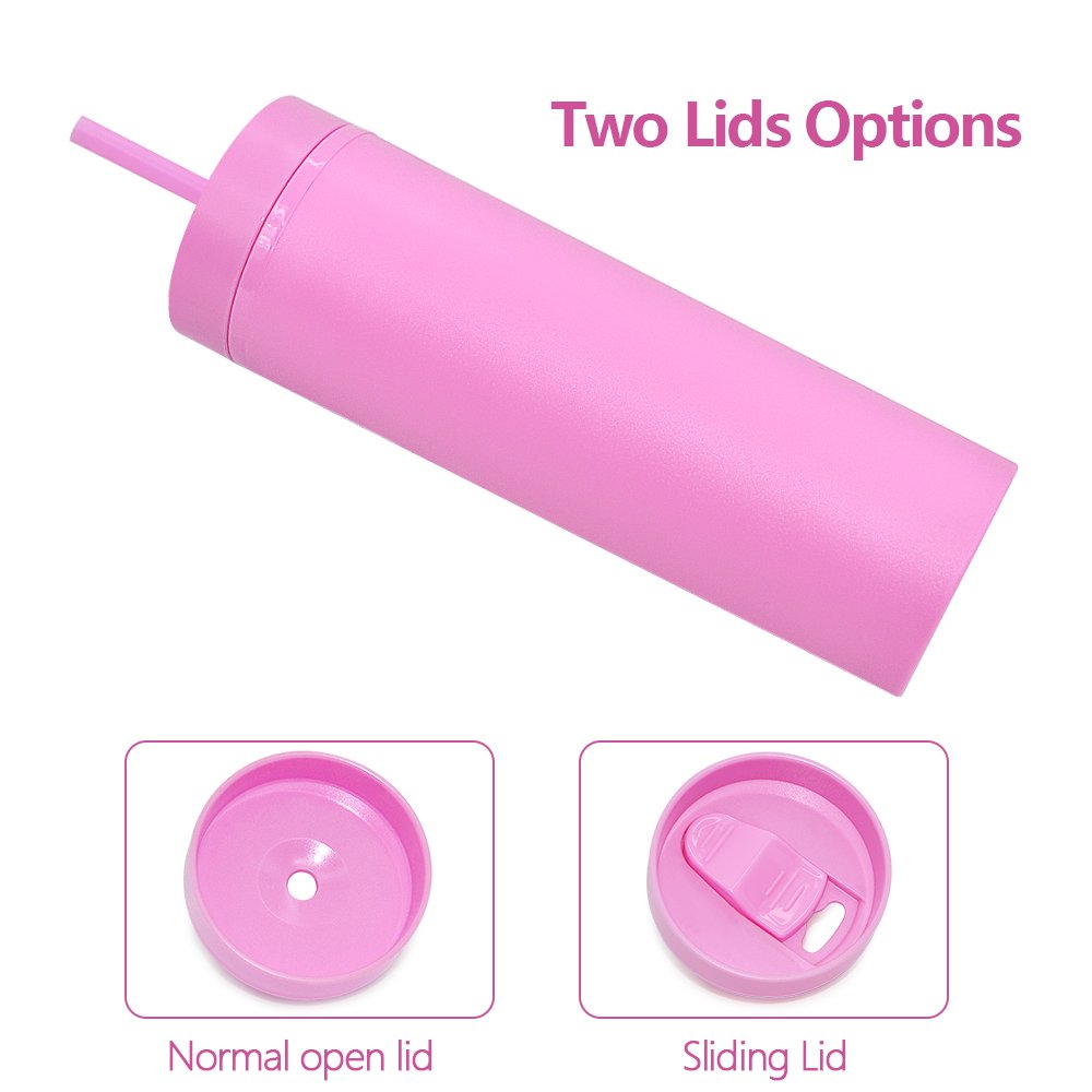 16oz Double Wall Plastic Tumblers with Straw Slim Skinny Cups Mug Acrylic Pastel Colored Matte Tumbler