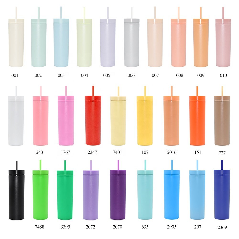 16oz Double Wall Plastic Tumblers with Straw Slim Skinny Cups Mug Acrylic Pastel Colored Matte Tumbler