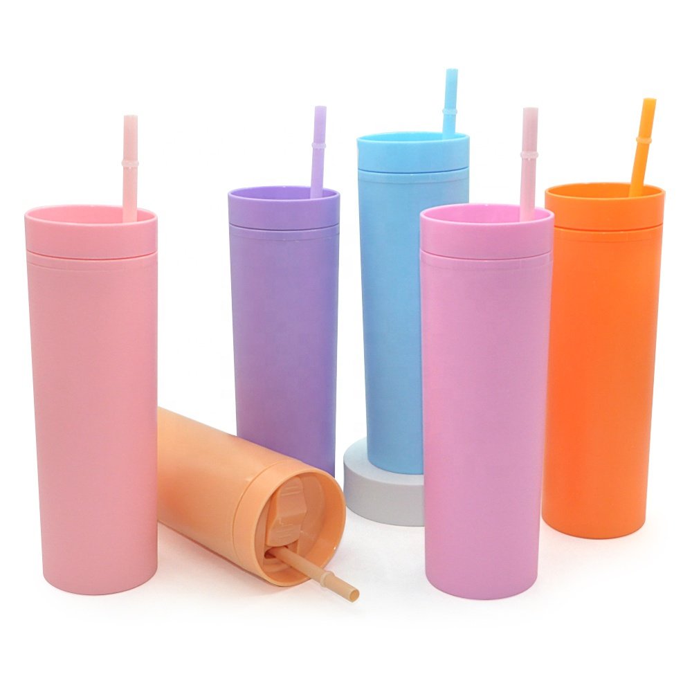 16oz Double Wall Plastic Tumblers with Straw Slim Skinny Cups Mug Acrylic Pastel Colored Matte Tumbler