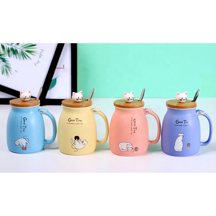 Cute Cat Style Ceramic Mugs Lid Spoon Cartoon Creative Morning Mug Milk Coffee Tea Unique Porcelain Coffee Mugs